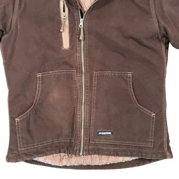 Vintage Women’s Bernie Quilted Lined Canvas Jacket Hooded Work Wear Brown Sz M - Picture 2 of 5